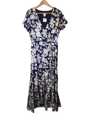 Nicole Miller New York NWT Floral Satin Faux Wrap Navy Cream Midi Dress Sz Large
